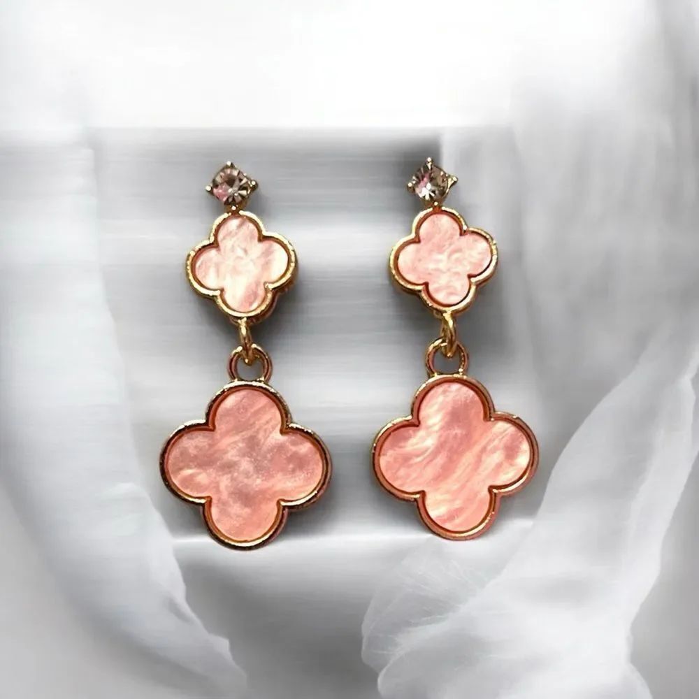 Designer Inspired Double Pink Clover Gold Tone Dangle Earrings